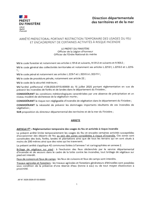 Arrêté  préfectoral finistérien portant restriction temporaire des usages du feu