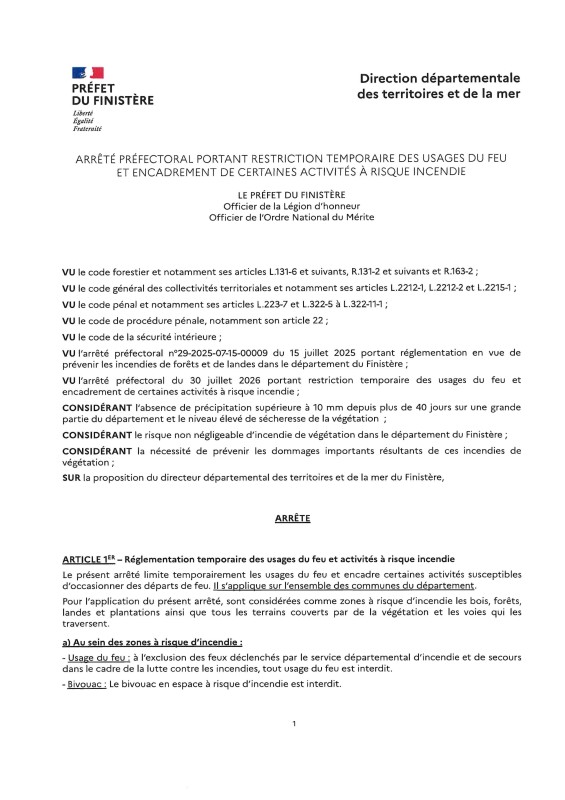 Arrêté préfectoral portant restriction temporaires des usages du feu 