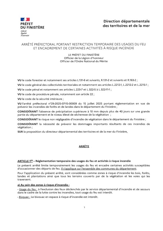Arrêté préfectoral portant restriction temporaire des usages du feu