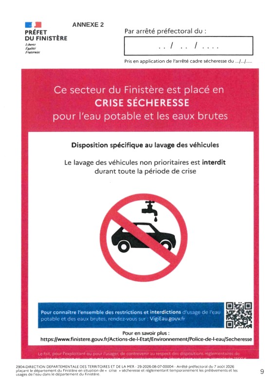 L’arrêté du 28 juillet règlementant temporairement les prélèvements et les usages de l’eau dans le département a été abrogé par le présent arrêté daté du 7 août qui place dorénavant l’intégralité du Finistère en situation de « crise sécheresse ».   