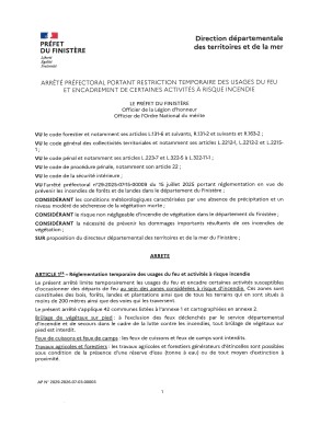 Arrêté  préfectoral finistérien portant restriction temporaire des usages du feu