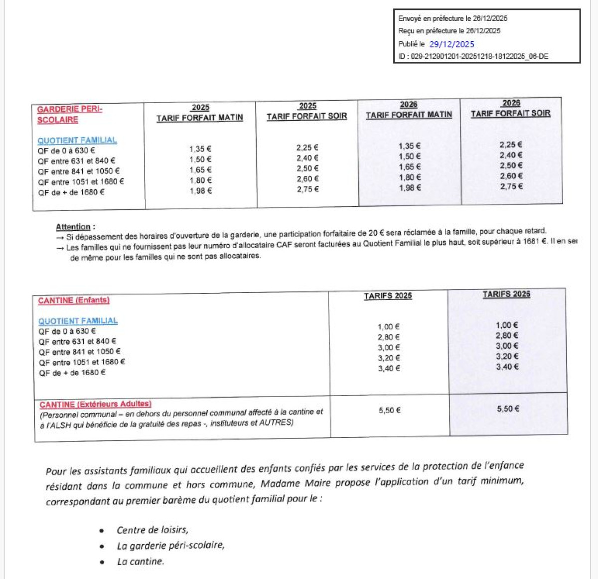 Tarifs cantine et ALSH